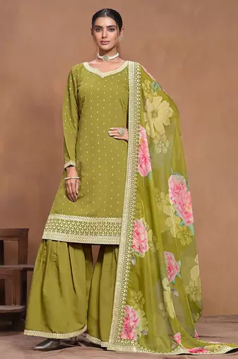 Olive green roman silk embroidery print & sequins semi stitched suit size up to 42
