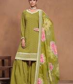 Olive green roman silk embroidery print & sequins semi stitched suit size up to 42