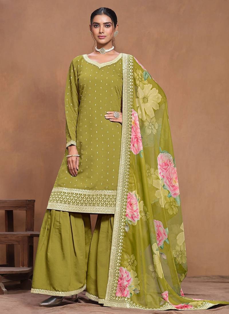 Olive green roman silk embroidery print & sequins semi stitched suit size up to 42