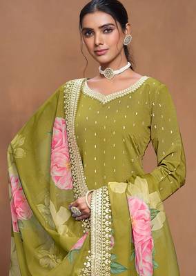 Olive green roman silk embroidery print & sequins semi stitched suit size up to 42 2