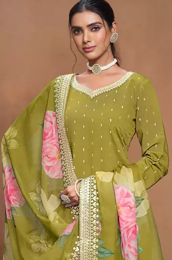 Olive green roman silk embroidery print & sequins semi stitched suit size up to 42