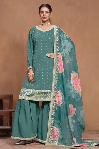 Teal green roman silk embroidery print & sequins semi stitched suit size up to 42