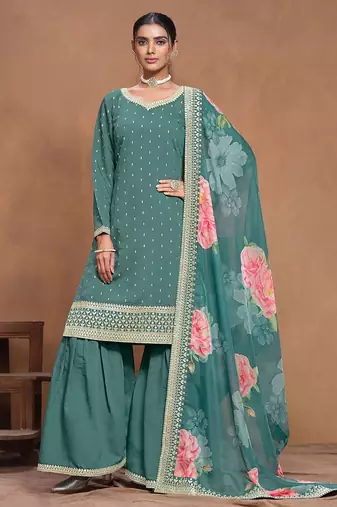 Teal green roman silk embroidery print & sequins semi stitched suit size up to 42
