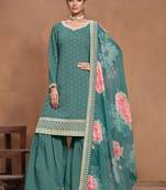 Teal green roman silk embroidery print & sequins semi stitched suit size up to 42