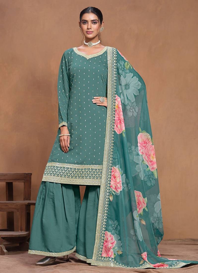 Teal green roman silk embroidery print & sequins semi stitched suit size up to 42