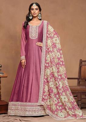 Pink art silk embroidery print & sequins semi stitched suit size up to 42 1