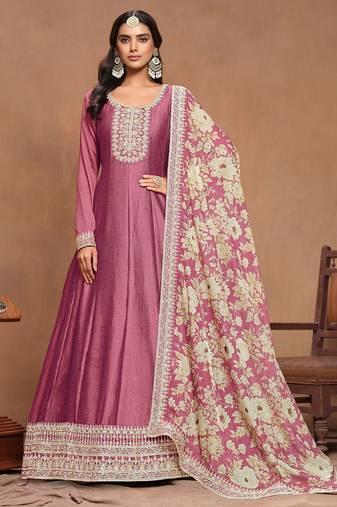 Pink art silk embroidery print & sequins semi stitched suit size up to 42
