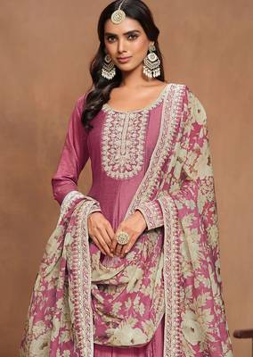 Pink art silk embroidery print & sequins semi stitched suit size up to 42 2