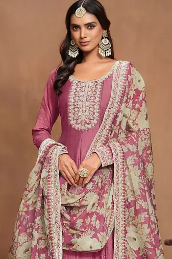 Pink art silk embroidery print & sequins semi stitched suit size up to 42