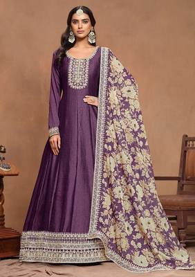 Purple art silk embroidery print & sequins semi stitched suit size up to 42 1