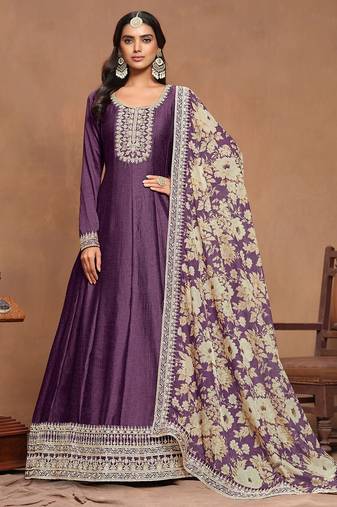 Purple art silk embroidery print & sequins semi stitched suit size up to 42