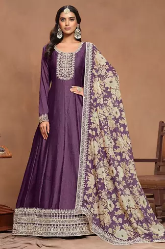Purple art silk embroidery print & sequins semi stitched suit size up to 42