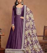 Purple art silk embroidery print & sequins semi stitched suit size up to 42