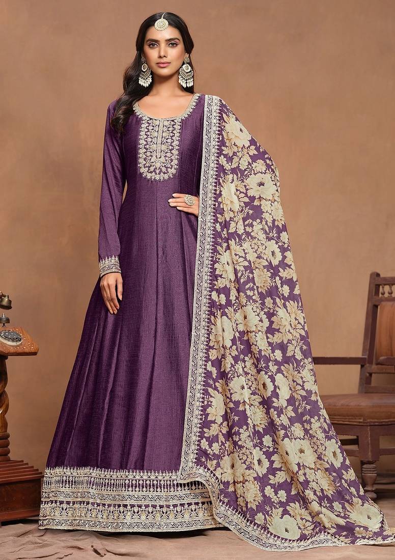 Purple art silk embroidery print & sequins semi stitched suit size up to 42