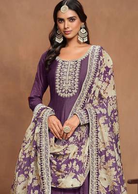 Purple art silk embroidery print & sequins semi stitched suit size up to 42 2