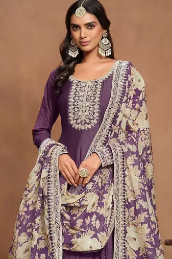Purple art silk embroidery print & sequins semi stitched suit size up to 42