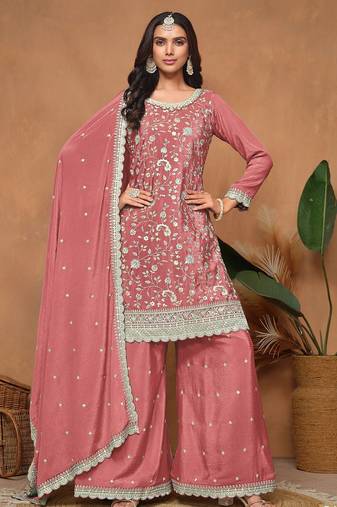Rose gold chinnon embroidery & sequins semi stitched suit size up to 42
