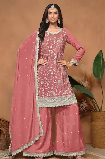 Rose gold chinnon embroidery & sequins semi stitched suit size up to 42