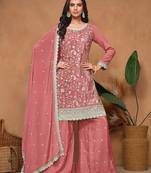 Rose gold chinnon embroidery & sequins semi stitched suit size up to 42