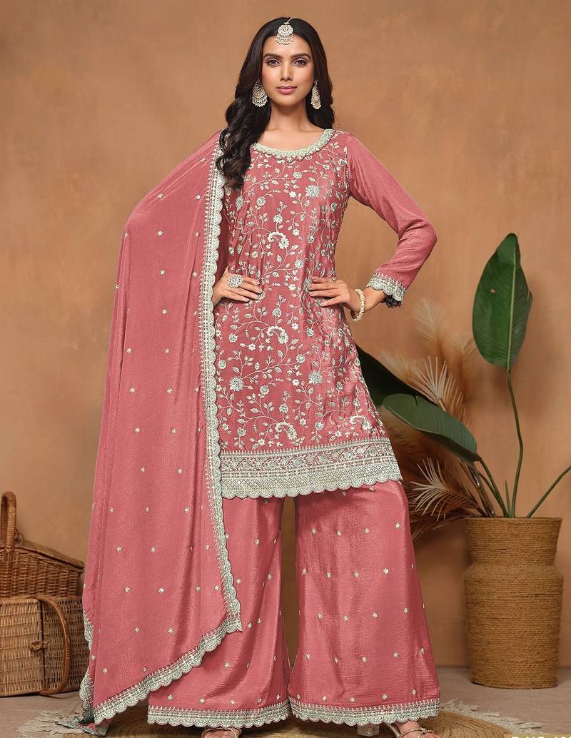 Rose gold chinnon embroidery & sequins semi stitched suit size up to 42