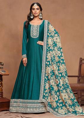 Teal green art silk embroidery print & sequins semi stitched suit size up to 42 1