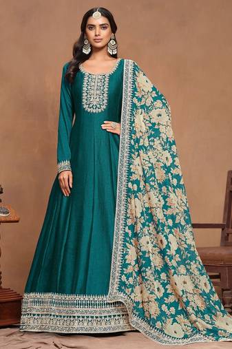 Teal green art silk embroidery print & sequins semi stitched suit size up to 42