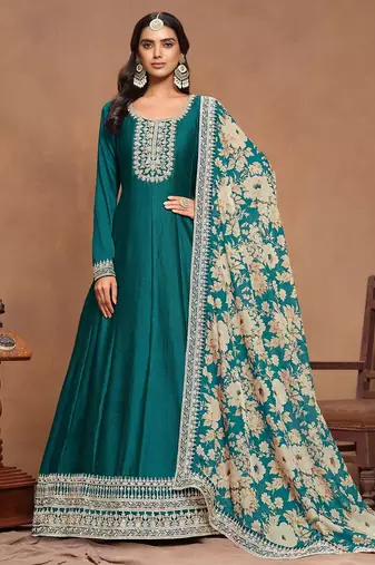 Teal green art silk embroidery print & sequins semi stitched suit size up to 42