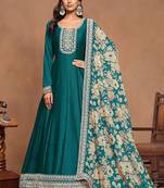 Teal green art silk embroidery print & sequins semi stitched suit size up to 42