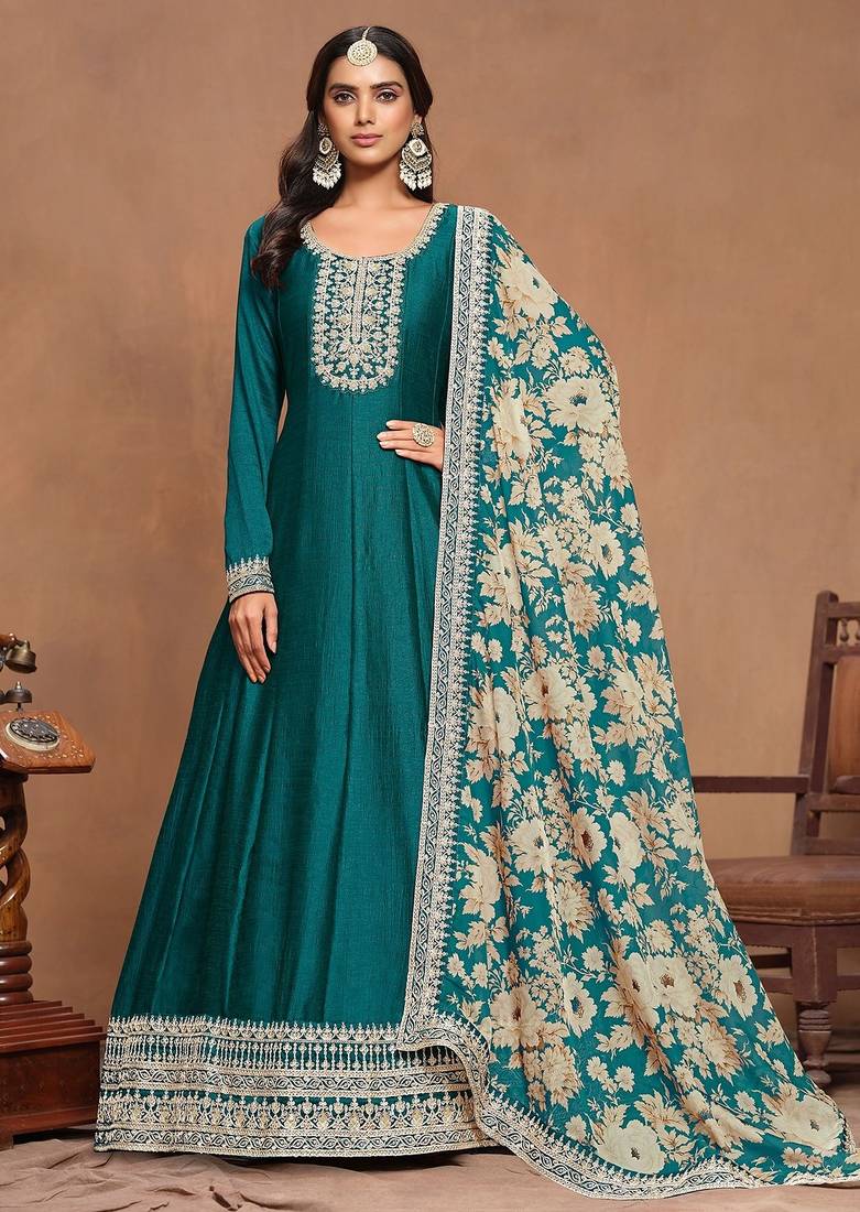 Teal green art silk embroidery print & sequins semi stitched suit size up to 42