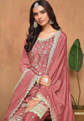 Rose gold chinnon embroidery & sequins semi stitched suit size up to 42 2