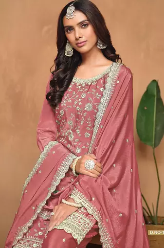 Rose gold chinnon embroidery & sequins semi stitched suit size up to 42