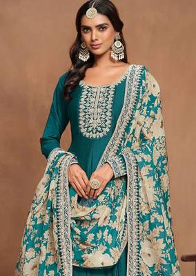 Teal green art silk embroidery print & sequins semi stitched suit size up to 42 2