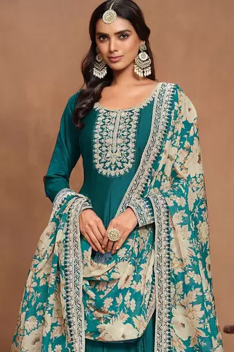 Teal green art silk embroidery print & sequins semi stitched suit size up to 42