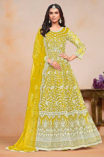 Mustard net embroidery & sequins semi stitched suit size up to 42