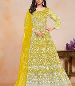 Mustard net embroidery & sequins semi stitched suit size up to 42