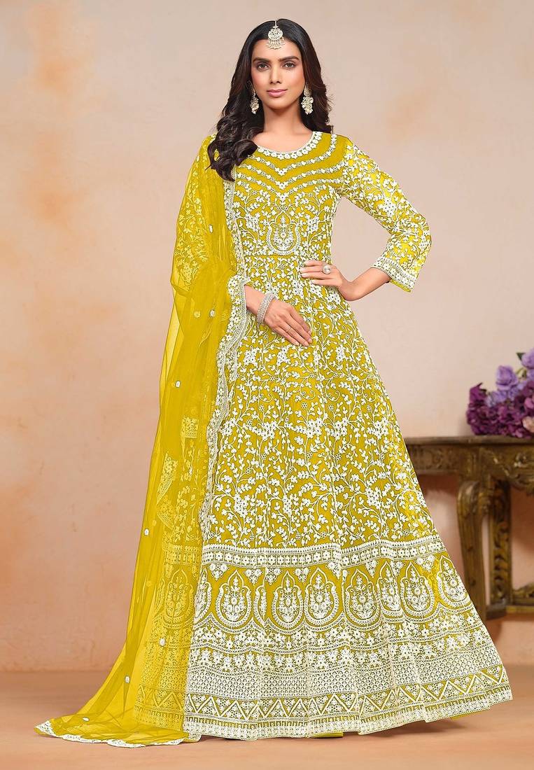 Mustard net embroidery & sequins semi stitched suit size up to 42