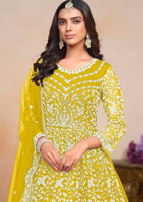 Mustard net embroidery & sequins semi stitched suit size up to 42 2