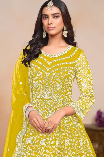 Mustard net embroidery & sequins semi stitched suit size up to 42