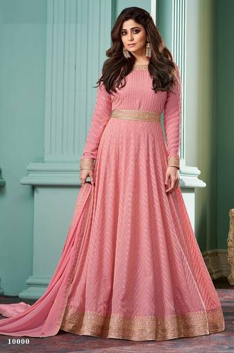 Pink georgette embroidery & sequins free size stitch suit size up to 42