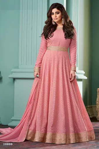 Pink georgette embroidery & sequins free size stitch suit size up to 42