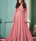 Pink georgette embroidery & sequins free size stitch suit size up to 42