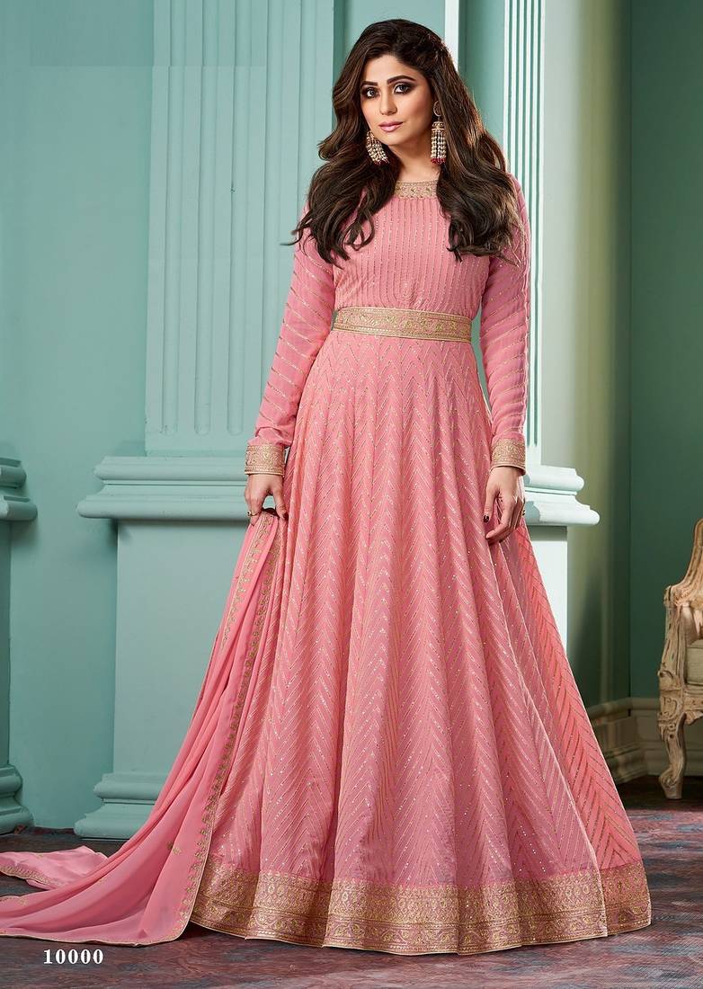 Pink georgette embroidery & sequins free size stitch suit size up to 42
