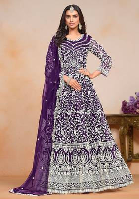 Purple net embroidery & sequins semi stitched suit size up to 42 1