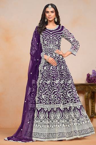Purple net embroidery & sequins semi stitched suit size up to 42
