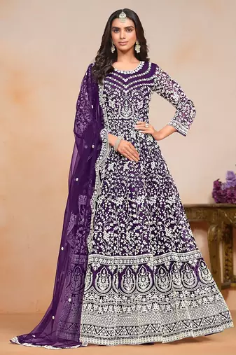 Purple net embroidery & sequins semi stitched suit size up to 42