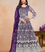 Purple net embroidery & sequins semi stitched suit size up to 42