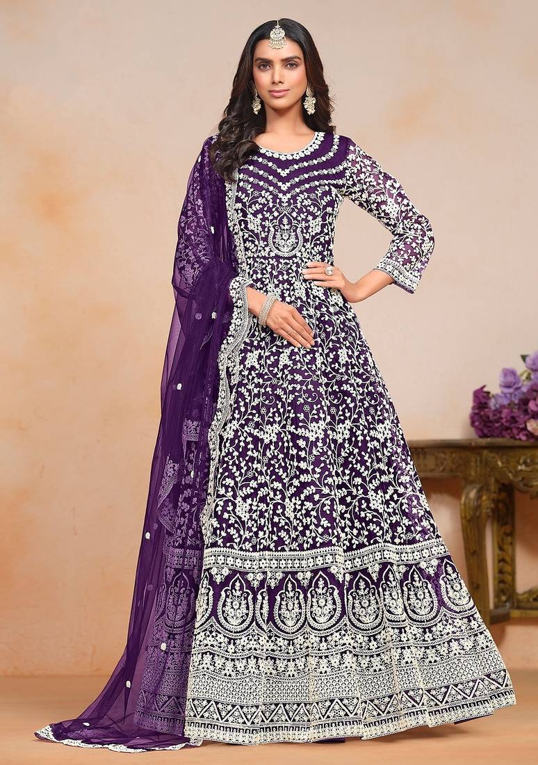 Purple net embroidery & sequins semi stitched suit size up to 42