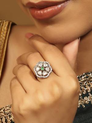 gold plated round & triangle stone adjustable ring for women 6