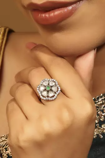 gold plated round & triangle stone adjustable ring for women