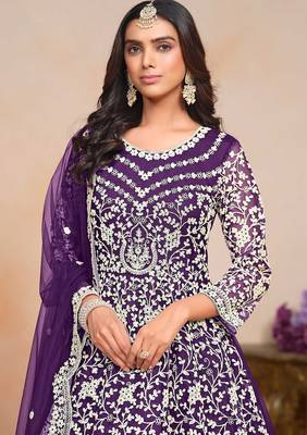 Purple net embroidery & sequins semi stitched suit size up to 42 2